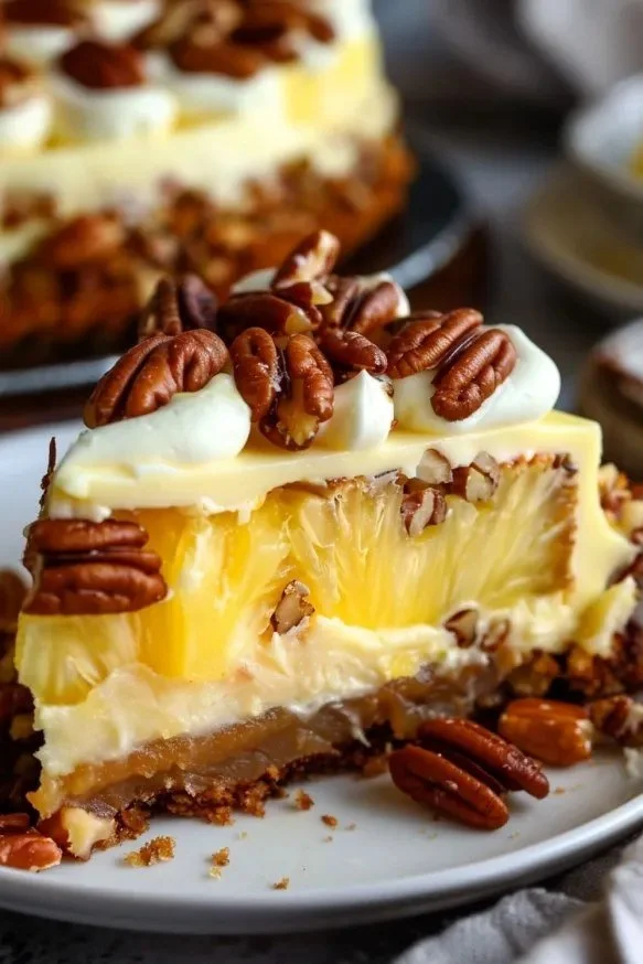 Slice of Southern Creamy Pineapple Pecan Cake with pecans and pineapple toppings