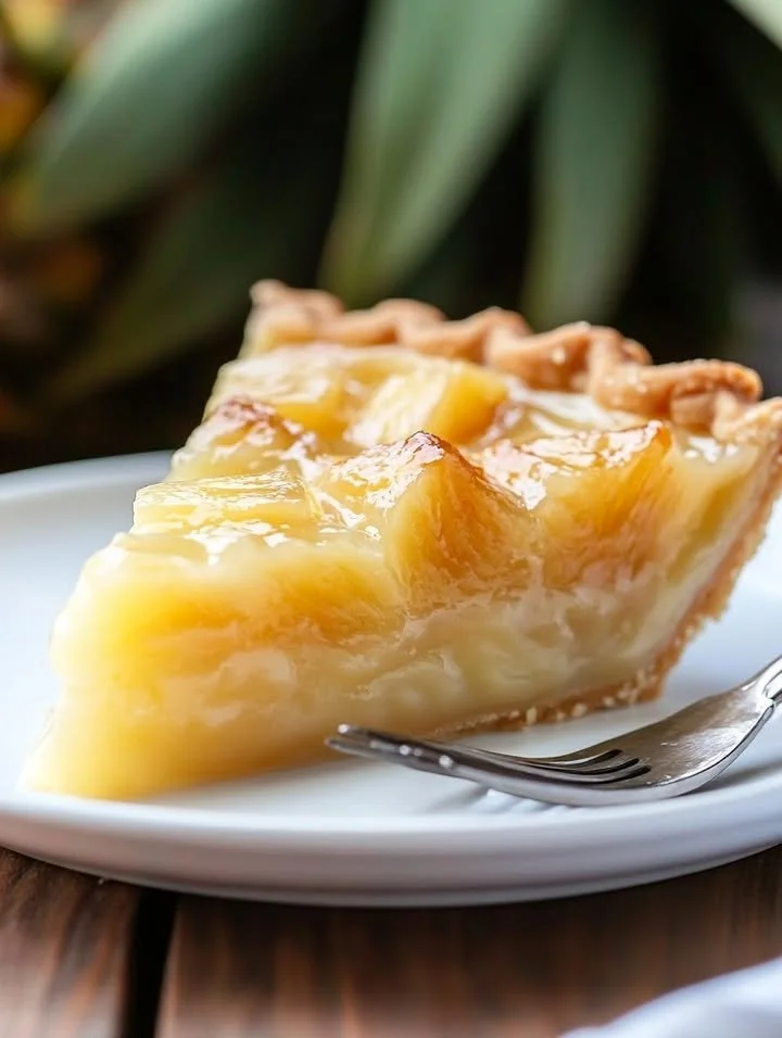 Delicious slice of Southern Pineapple Pie with a golden crust and fresh pineapple topping