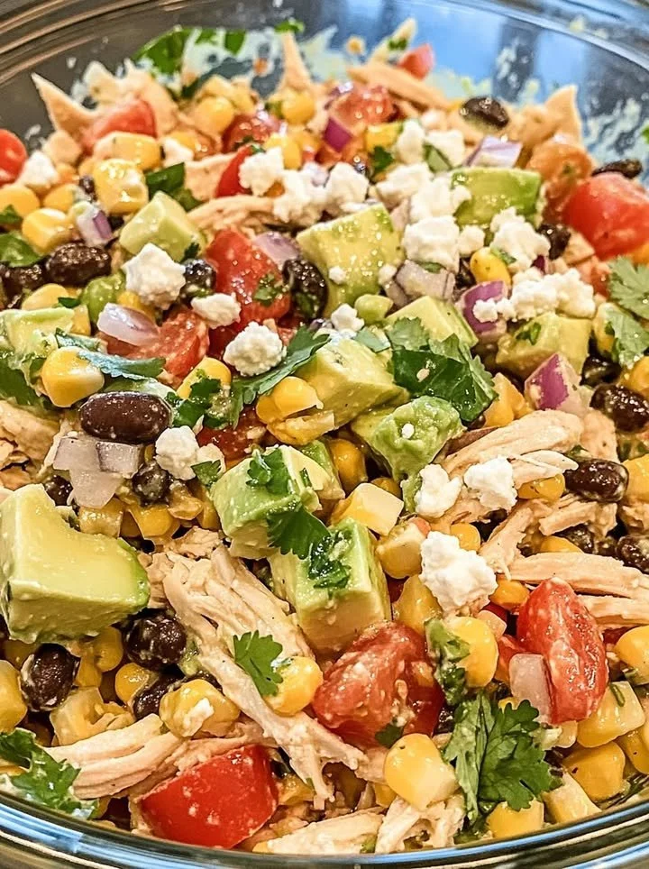 Colorful Southwest Chicken Salad with grilled chicken, avocados, and vegetables.
