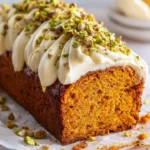 Spiced sweet potato loaf with cream cheese frosting and pistachio garnish