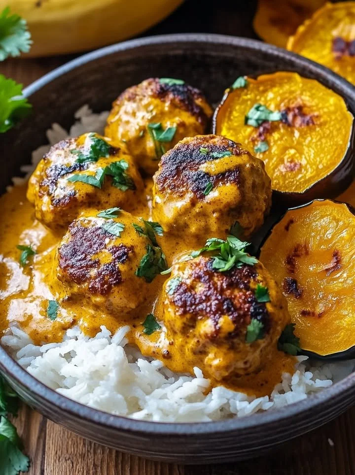 Plate of spicy chicken meatballs served with acorn squash and coconut sauce
