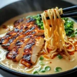 Delicious Spicy Garlic Chicken Ramen bowl with chicken, spices, and fresh garnishes.