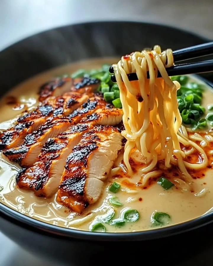 Delicious Spicy Garlic Chicken Ramen bowl with chicken, spices, and fresh garnishes.
