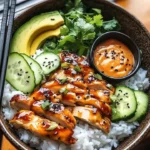 Spicy Honey-Ginger Chicken Bowls served with Yum Yum Sauce