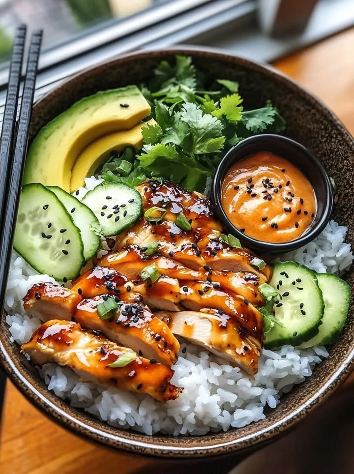 Spicy Honey-Ginger Chicken Bowls served with Yum Yum Sauce