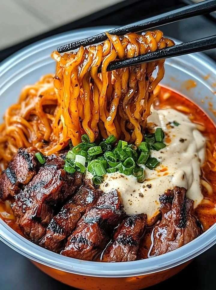 Bowl of spicy Korean ramen topped with grilled beef and creamy sauce