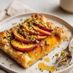 Spicy peach galette topped with pistachio crunch on a rustic wooden table.