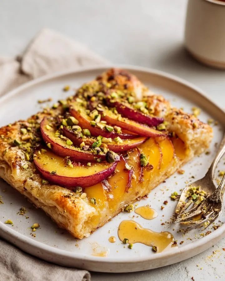 Spicy peach galette topped with pistachio crunch on a rustic wooden table.