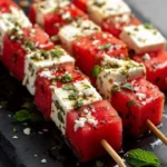 Spicy watermelon and feta skewers with mint-chili syrup on a platter