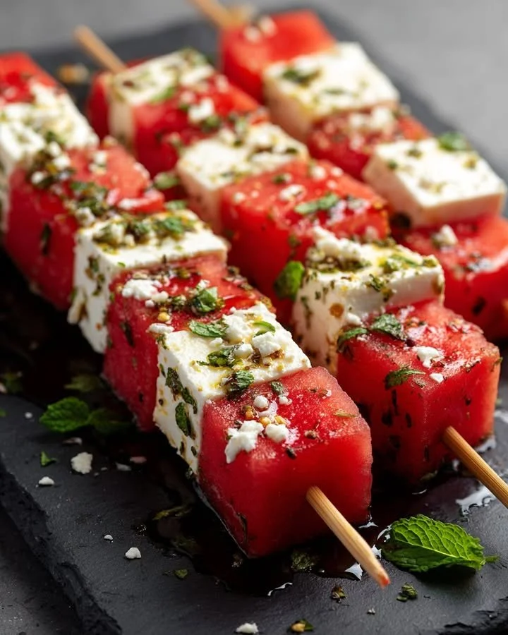 Spicy watermelon and feta skewers with mint-chili syrup on a platter