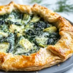 Delicious spinach artichoke dip galette served on a wooden platter