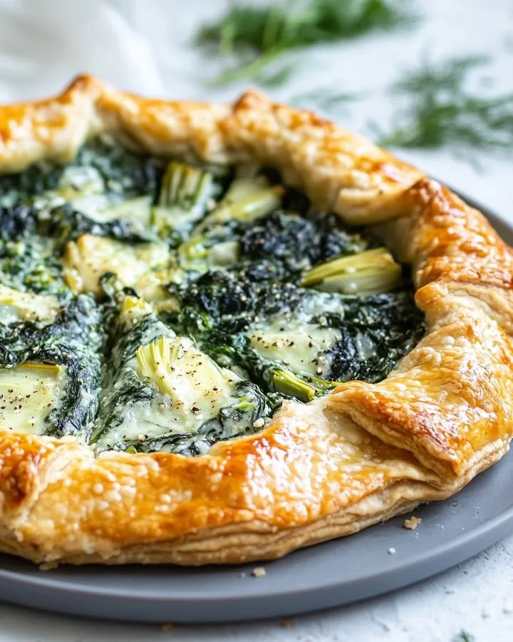 Delicious spinach artichoke dip galette served on a wooden platter