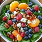 Colorful salad with spinach, blueberries, raspberries, mandarin oranges, pecans, feta, and honey-balsamic dressing.