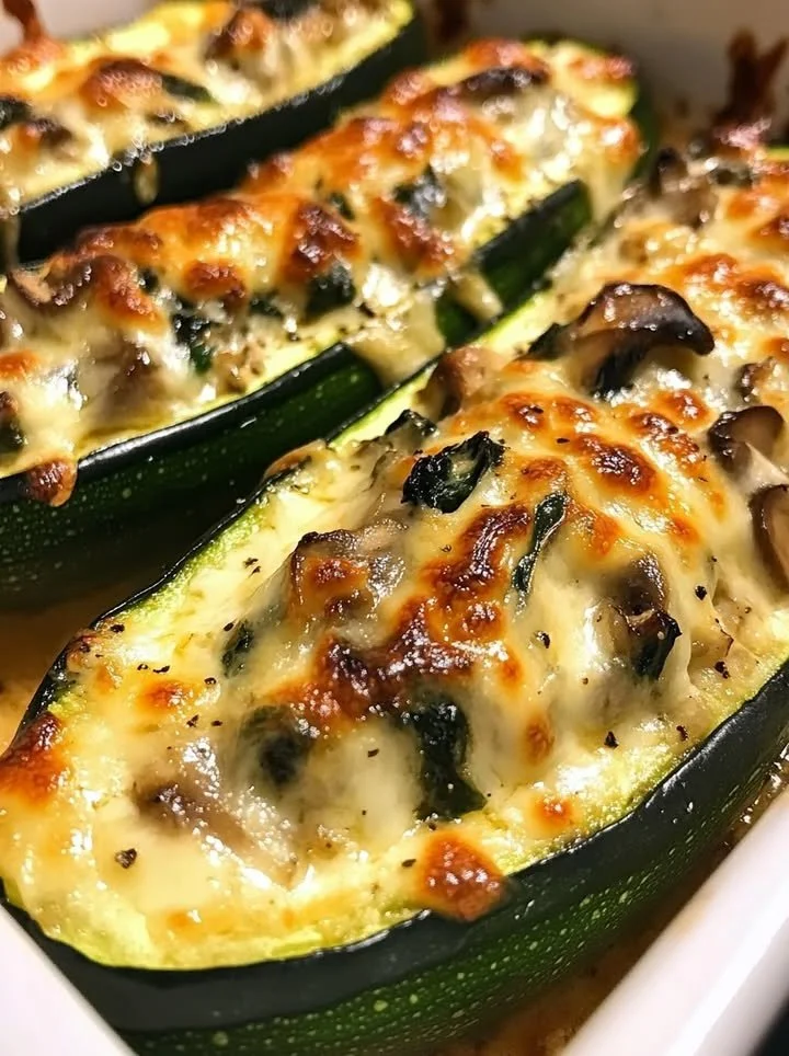 Spinach mushroom and ricotta stuffed zucchini on a plate