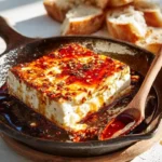 Sticky-Spicy Feta Skillet with Honey Chili Glaze served in a cast iron pan
