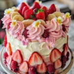 Strawberry and Banana Fairy Tale Cake topped with fresh fruits and cream.
