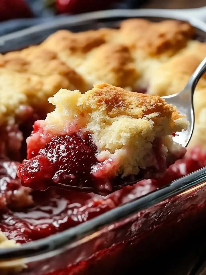 Delicious Strawberry Cheesecake Dump Cake served on a plate