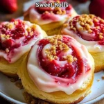 Delicious homemade Strawberry Cheesecake Sweet Rolls topped with fresh strawberries.