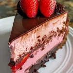 Strawberry chocolate ganache cheesecake decorated with fresh strawberries