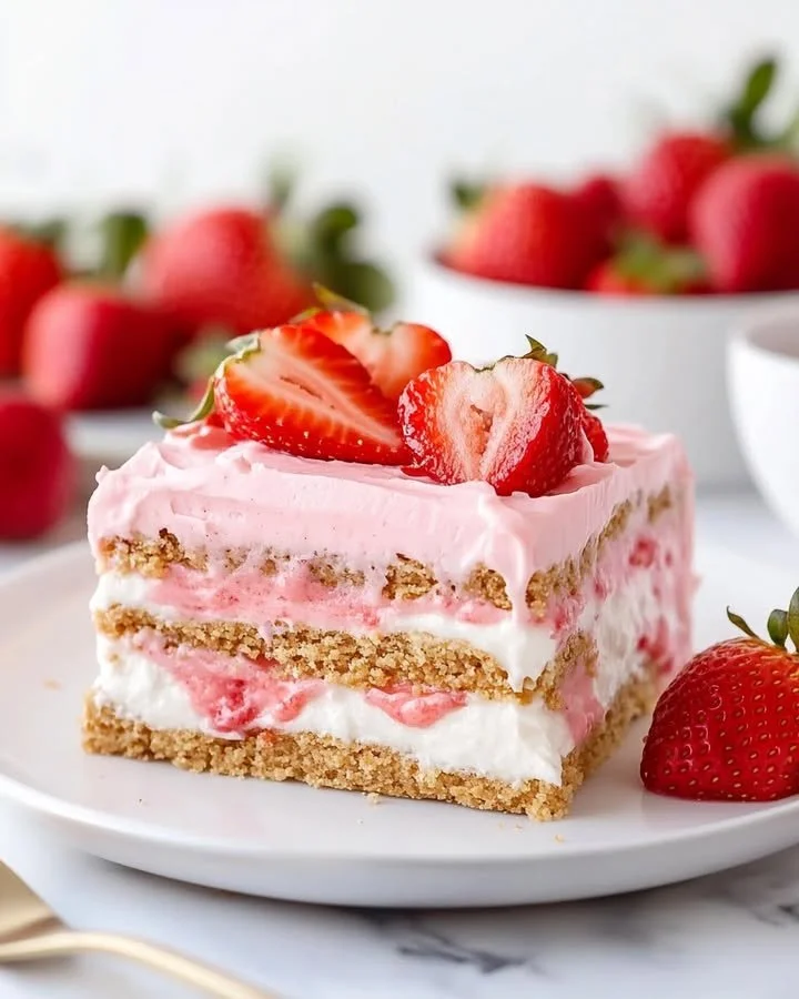 Delicious Strawberry Eclair Cake decorated with fresh strawberries and cream