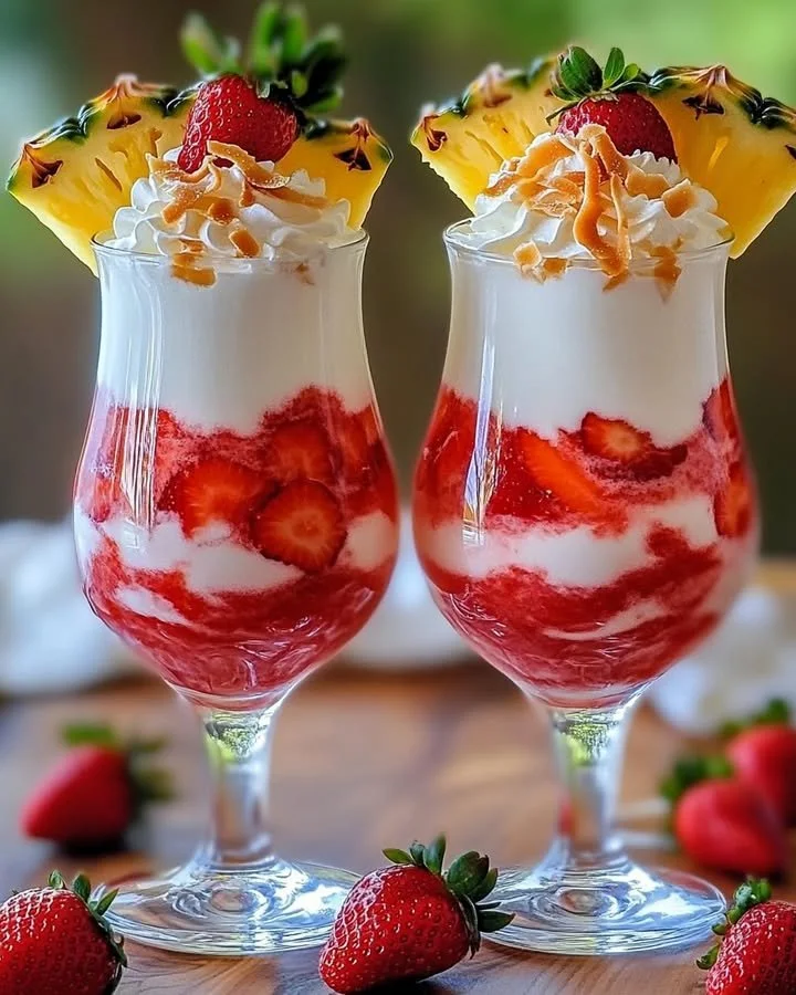 Delicious Strawberry Piña Colada with Malibu Whipped Topping served in a glass