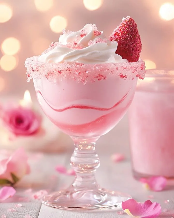 A refreshing Strawberry Rose Mocktini garnished with fresh strawberries and rose petals.