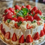 Delicious Strawberry Three Milks Cake topped with fresh strawberries and cream