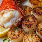 Delicious garlic butter lobster and scallops garnished with herbs