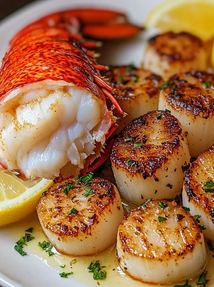 Delicious garlic butter lobster and scallops garnished with herbs