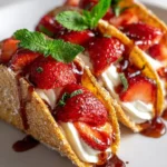 Sweet cinnamon dessert tacos drizzled with chocolate and topped with fresh fruit.