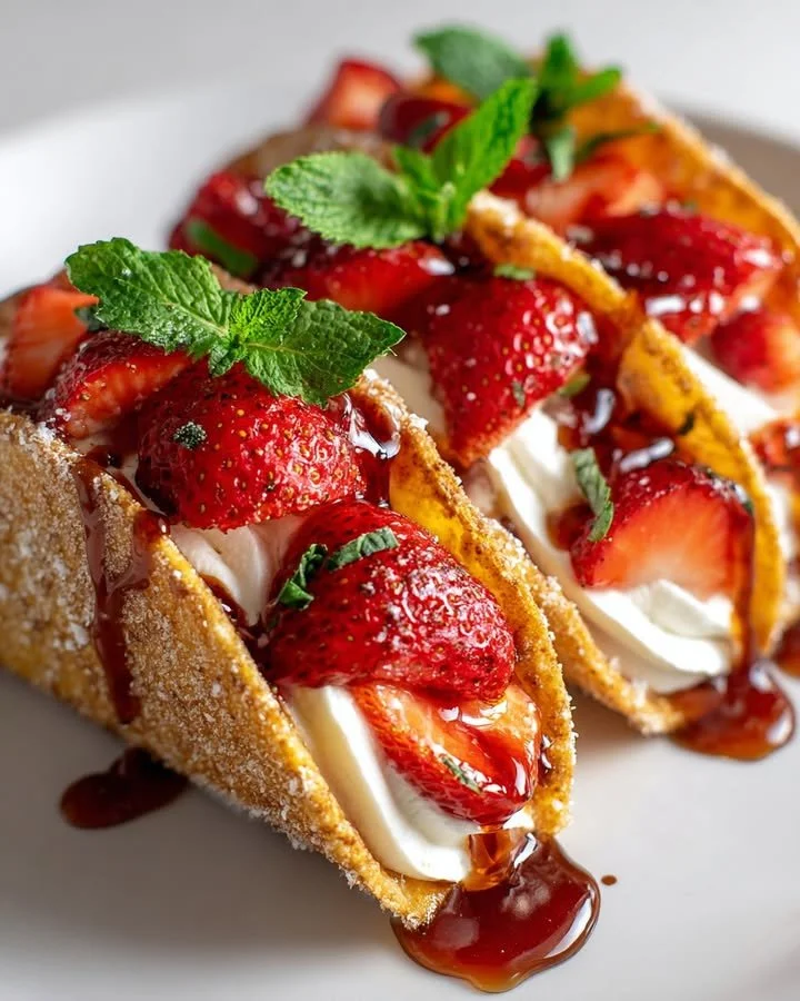Sweet cinnamon dessert tacos drizzled with chocolate and topped with fresh fruit.