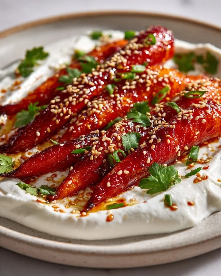 Sweet Heat Carrots glazed with Gochujang, showcasing vibrant colors and a spicy-sweet finish.