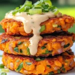 Sweet potato patties with red lentils and tangy tahini dressing served on a plate