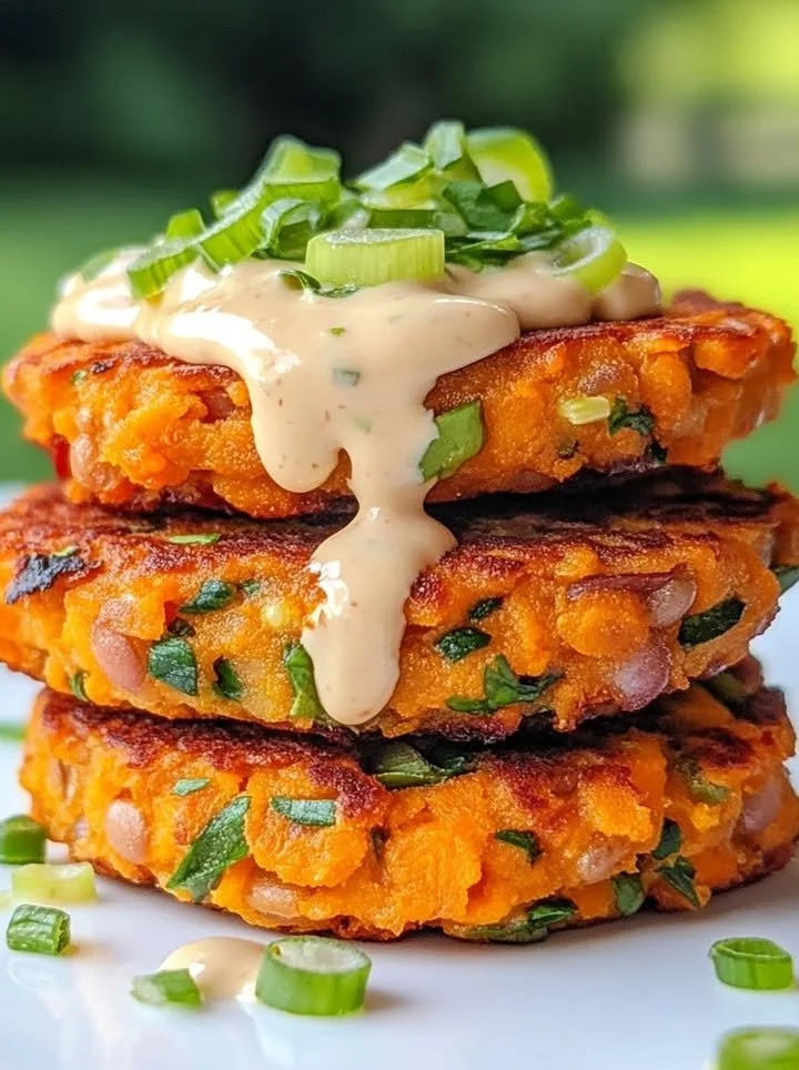 Sweet potato patties with red lentils and tangy tahini dressing served on a plate
