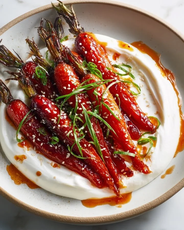 Swicy gochujang and honey glazed carrots served on savory yogurt