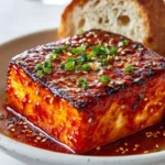 Swicy Gochujang Maple Feta Bomb topped with spicy and sweet sauce for flavor enhancement.