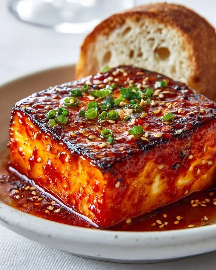 Swicy Gochujang Maple Feta Bomb topped with spicy and sweet sauce for flavor enhancement.