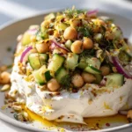 Swicy Orzo Salad served on a whipped feta cloud, featuring vibrant ingredients.