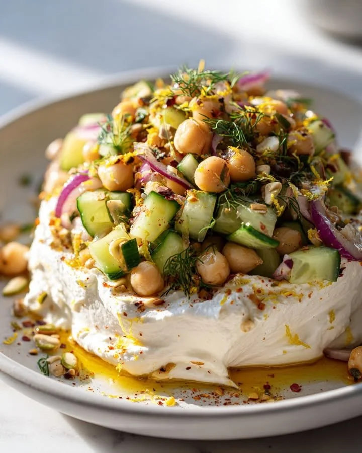 Swicy Orzo Salad served on a whipped feta cloud, featuring vibrant ingredients.