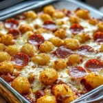 Delicious Tater Tot Pizza Casserole topped with cheese and spices in a baking dish.