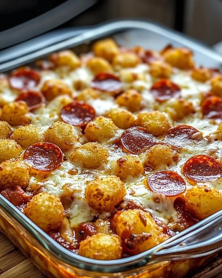 Delicious Tater Tot Pizza Casserole topped with cheese and spices in a baking dish.