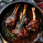 Delicious tender braised lamb shanks served on a plate with herbs