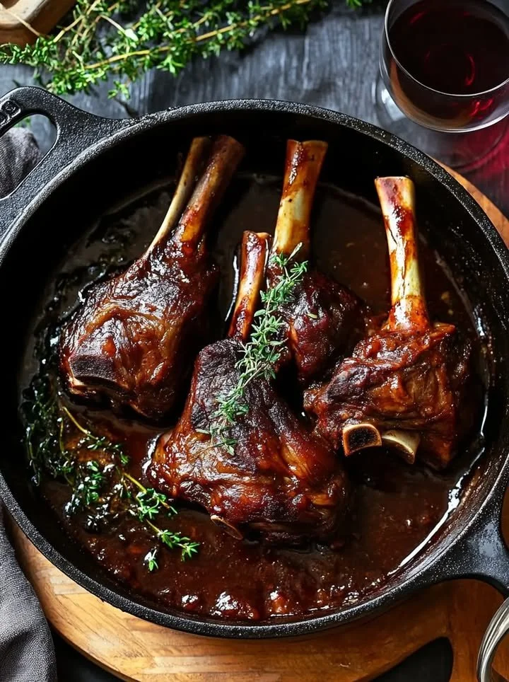 Delicious tender braised lamb shanks served on a plate with herbs