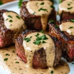 Tender steak bites in creamy parmesan sauce served on a plate