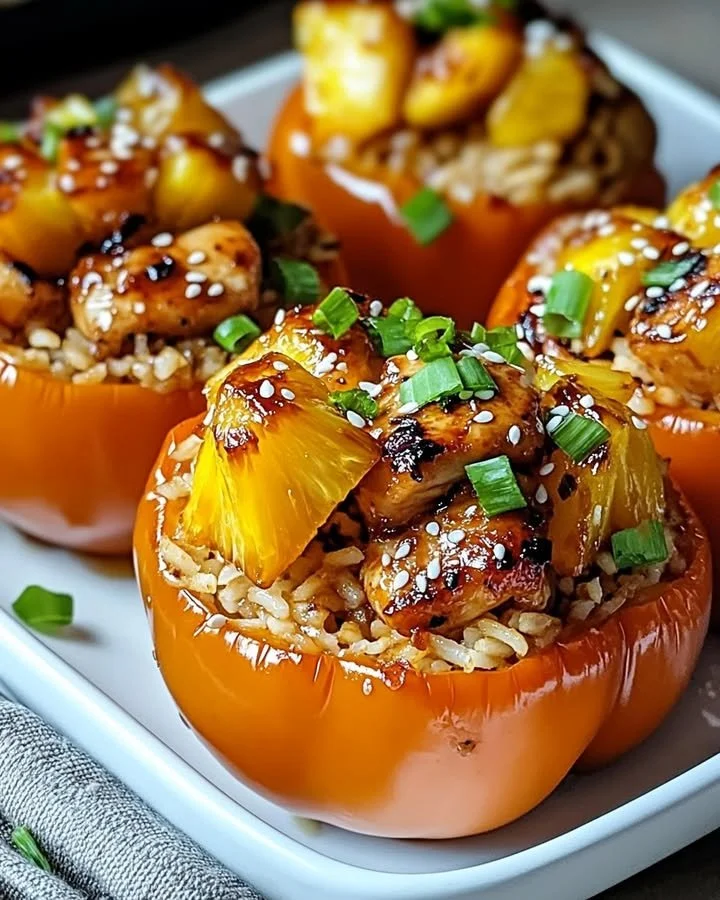 Teriyaki pineapple chicken and rice stuffed peppers plated on a rustic table.