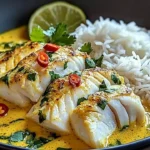 Bowl of Thai Coconut Lemongrass Fish Stew served with jasmine rice