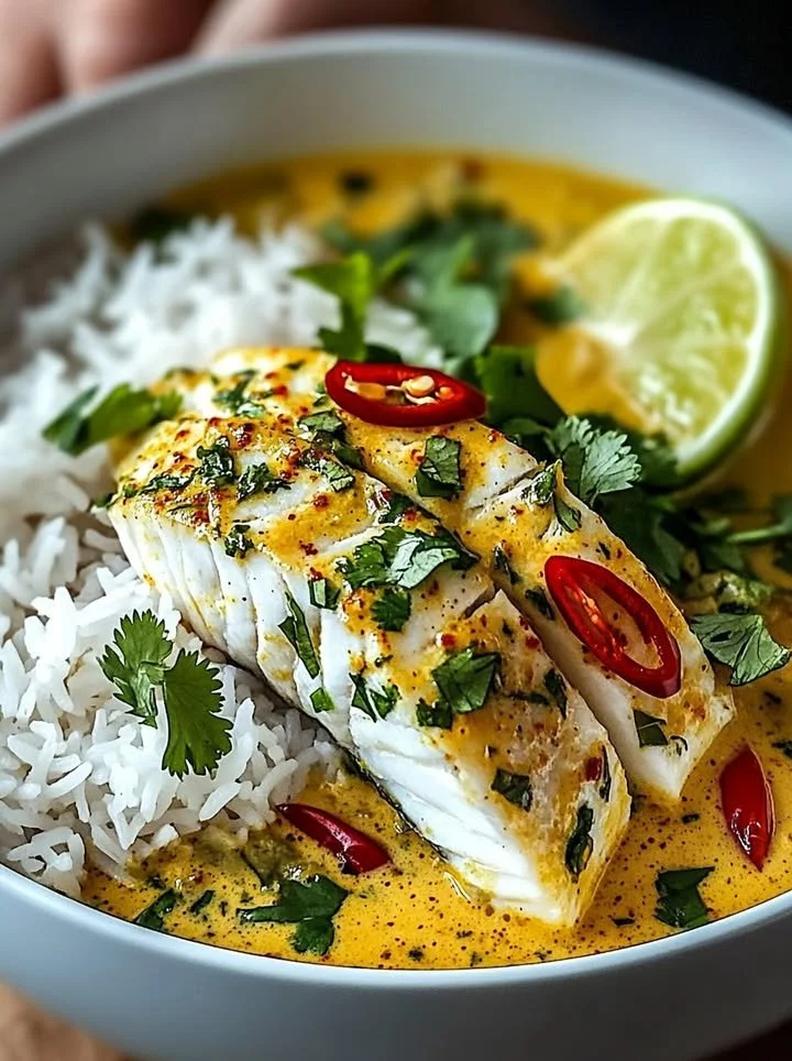 Thai Coconut Lemongrass Fish Stew served with jasmine rice in a bowl