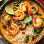 Bowl of Thai shrimp coconut noodle soup with fresh herbs and spices