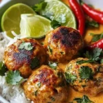 Delicious Thai spiced chicken meatballs served in creamy coconut curry