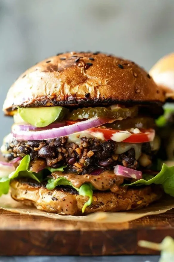 Delicious homemade black bean burgers served with fresh toppings and sides